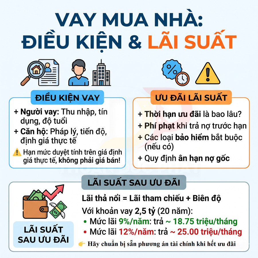 Thông tin điều kiện vay mua nhà và lãi suất ưu đãi, lãi suất sau ưu đãi kèm ví dụ khoản vay 2,5 tỷ đồng.