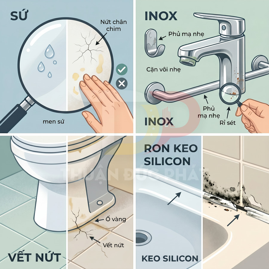 Minh họa bồn cầu sứ, vòi nước inox và ron keo silicon bị ố vàng, nứt, rỉ sét, mốc bẩn trong nhà vệ sinh