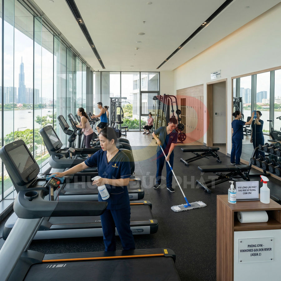 Nhân viên vệ sinh lau chùi máy chạy bộ và sàn phòng gym Vinhomes Golden River có người đang tập luyện