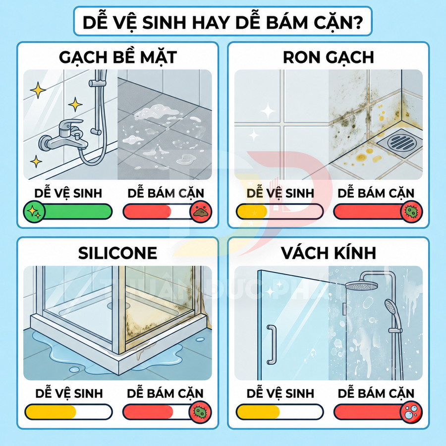 So sánh khả năng bám cặn và dễ vệ sinh của gạch bề mặt, ron gạch, silicone và vách kính phòng tắm