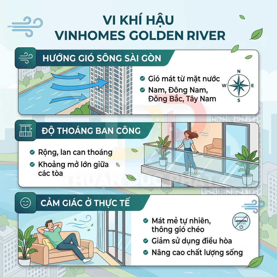 Infographic giới thiệu vi khí hậu dự án căn hộ Vinhomes Golden River với gió sông, ban công thoáng và không gian sống mát mẻ