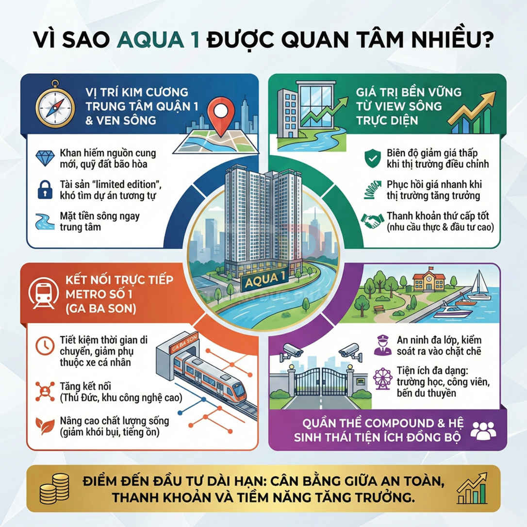 Infographic giới thiệu dự án căn hộ cao cấp Aqua 1 trung tâm quận 1, ven sông, kết nối metro số 1