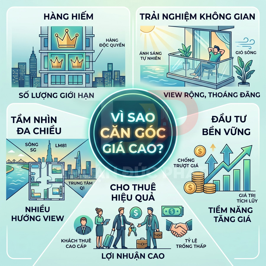 Infographic lý do căn hộ góc chung cư giá cao với ưu điểm tầm nhìn rộng, nhiều ánh sáng, đầu tư và cho thuê hiệu quả