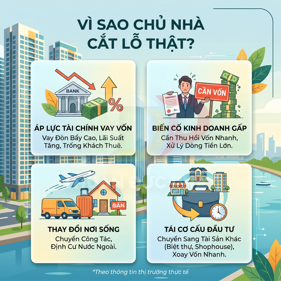 Infographic lý do chủ nhà bất động sản phải bán cắt lỗ: áp lực vay vốn, biến cố kinh doanh, thay đổi nơi sống, tái cơ cấu đầu tư