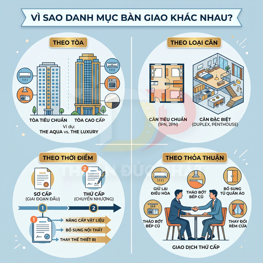Infographic lý do danh mục bàn giao căn hộ khác nhau theo tòa, loại căn, thời điểm và thỏa thuận
