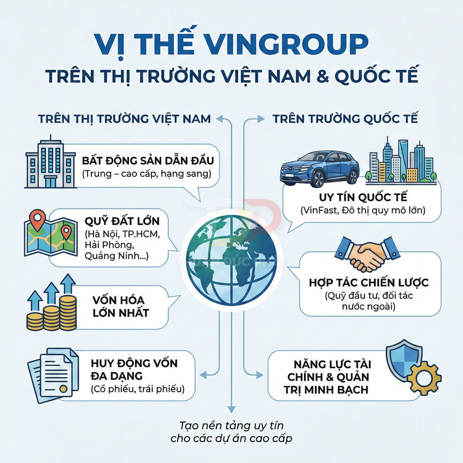 Infographic vị thế Vingroup tại Việt Nam và quốc tế với các lợi thế bất động sản, vốn hóa, uy tín VinFast và hợp tác chiến lược