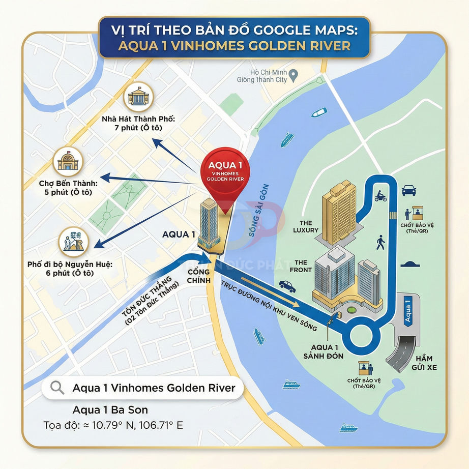 Bản đồ vị trí Aqua 1 Vinhomes Golden River gần chợ Bến Thành, phố đi bộ Nguyễn Huệ và sông Sài Gòn