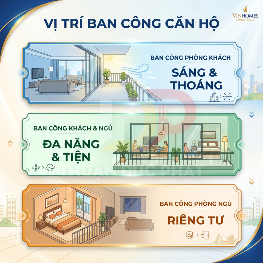 Minh họa các kiểu ban công căn hộ Vinhomes Golden River cho phòng khách, phòng ngủ và ban công đa năng