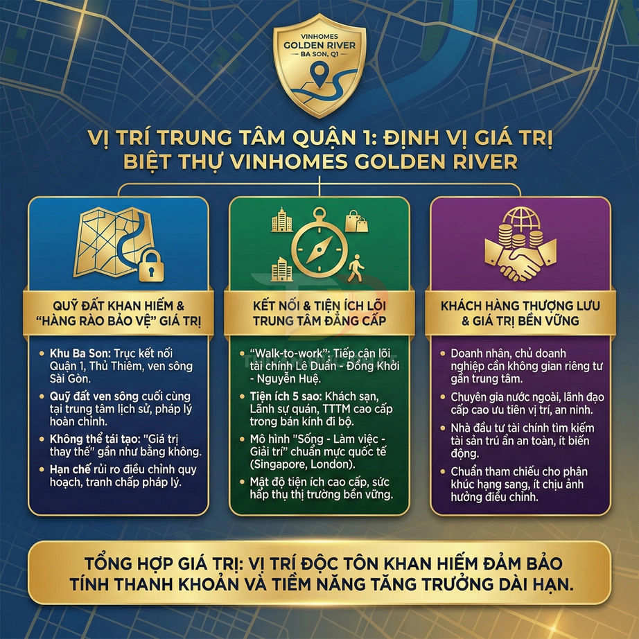 Infographic giới thiệu vị trí trung tâm quận 1 và giá trị biệt thự Vinhomes Golden River Ba Son