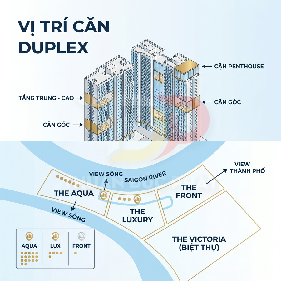 Sơ đồ vị trí căn hộ duplex, penthouse và căn góc tại dự án ven sông Saigon River