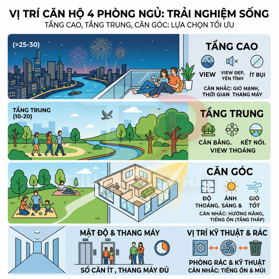 Infographic vị trí căn hộ 4 phòng ngủ với tầng cao tầng trung căn góc mật độ thang máy và khu kỹ thuật rác