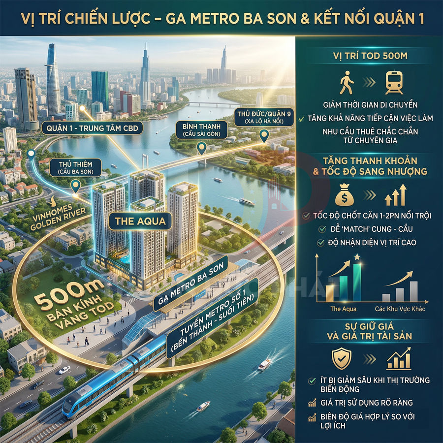 Phối cảnh căn hộ The Aqua Vinhomes Golden River cạnh ga metro Ba Son và sông Sài Gòn