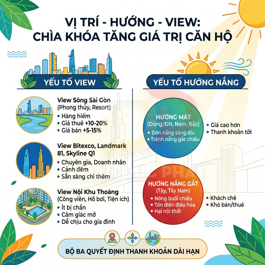 Infographic vị trí hướng view tăng giá trị căn hộ với các yếu tố view sông, nội khu, hướng nắng mát