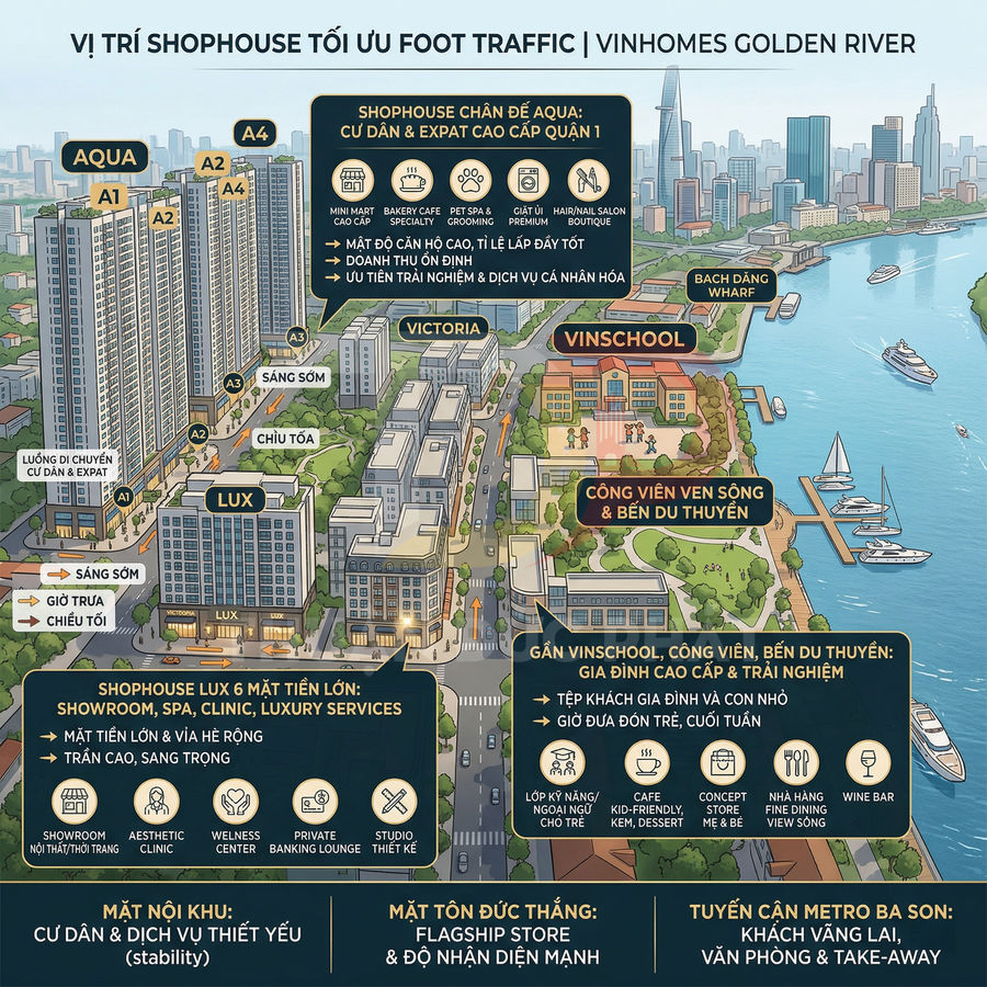 Phối cảnh shophouse Vinhomes Golden River vị trí đắc địa gần sông, trường học và công viên ven bến du thuyền