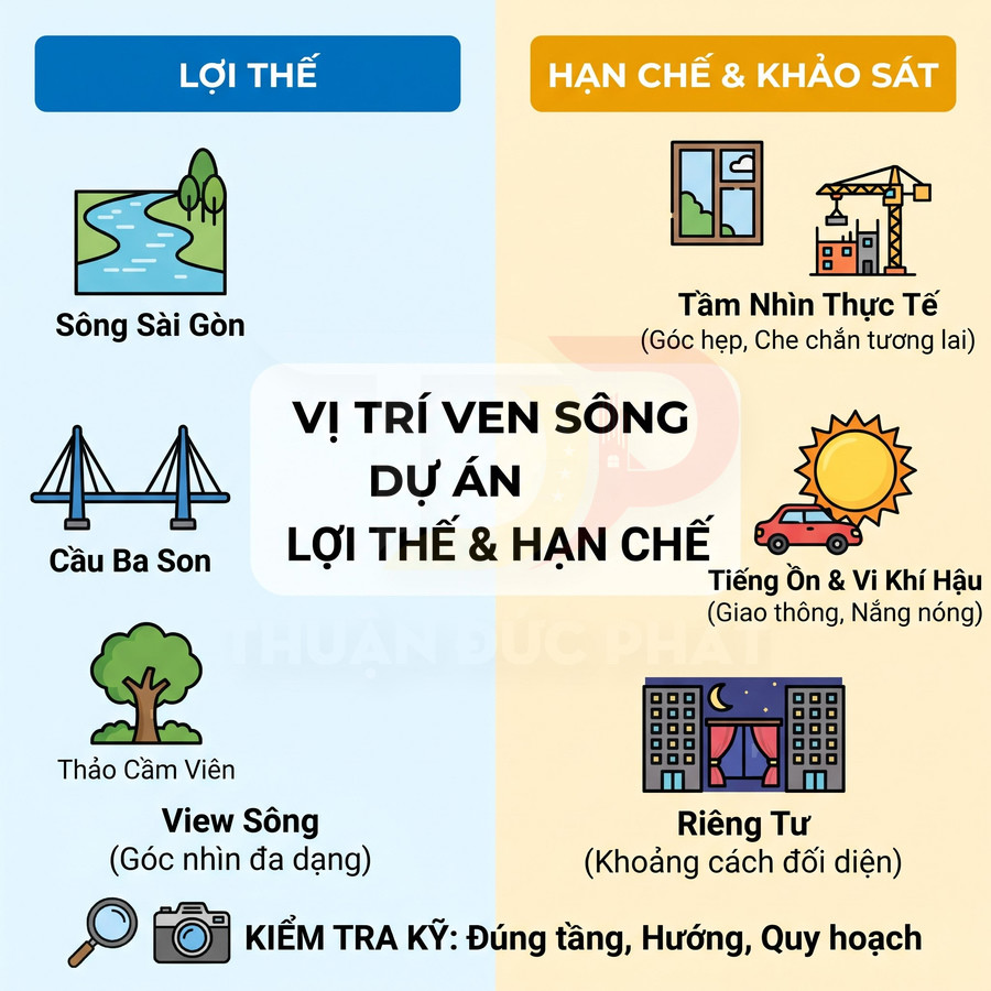 Vị trí ven sông dự án với lợi thế gần sông Sài Gòn, cầu Ba Son, Thảo Cầm Viên và hạn chế về tầm nhìn, tiếng ồn, riêng tư
