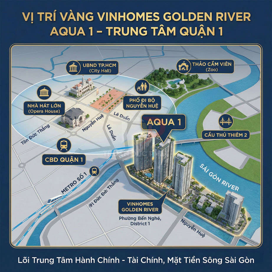Vị trí dự án Vinhomes Golden River Aqua 1 bên sông Sài Gòn, gần trung tâm hành chính quận 1