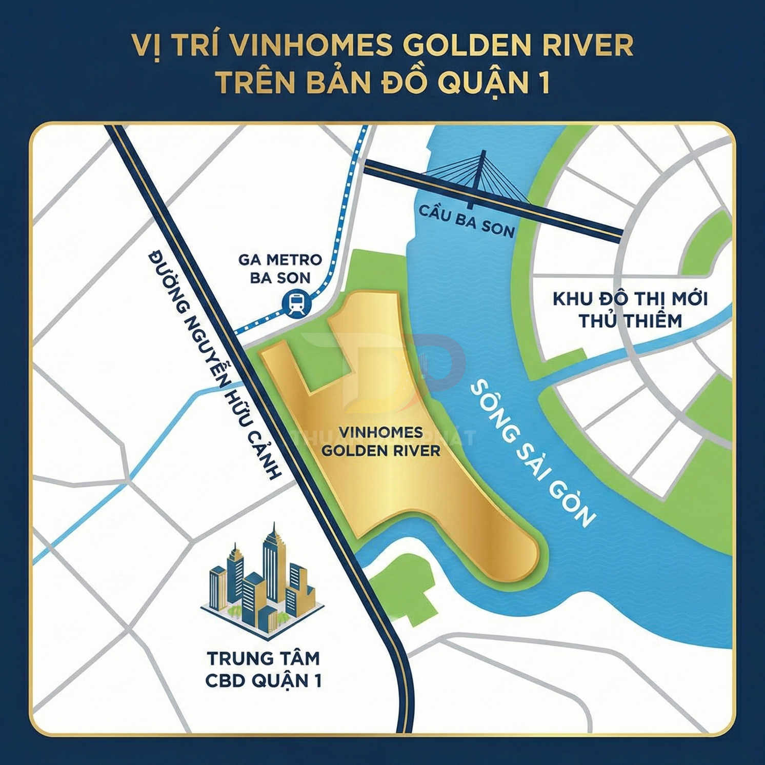 Vị trí dự án Vinhomes Golden River bên sông Sài Gòn gần ga metro Ba Son và trung tâm quận 1