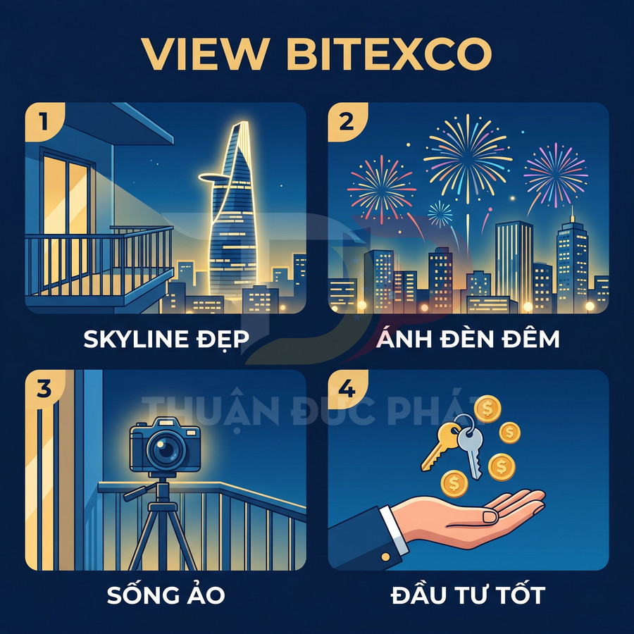 Minh họa căn hộ view Bitexco với ban công, pháo hoa, chụp ảnh sống ảo và đầu tư bất động sản sinh lời