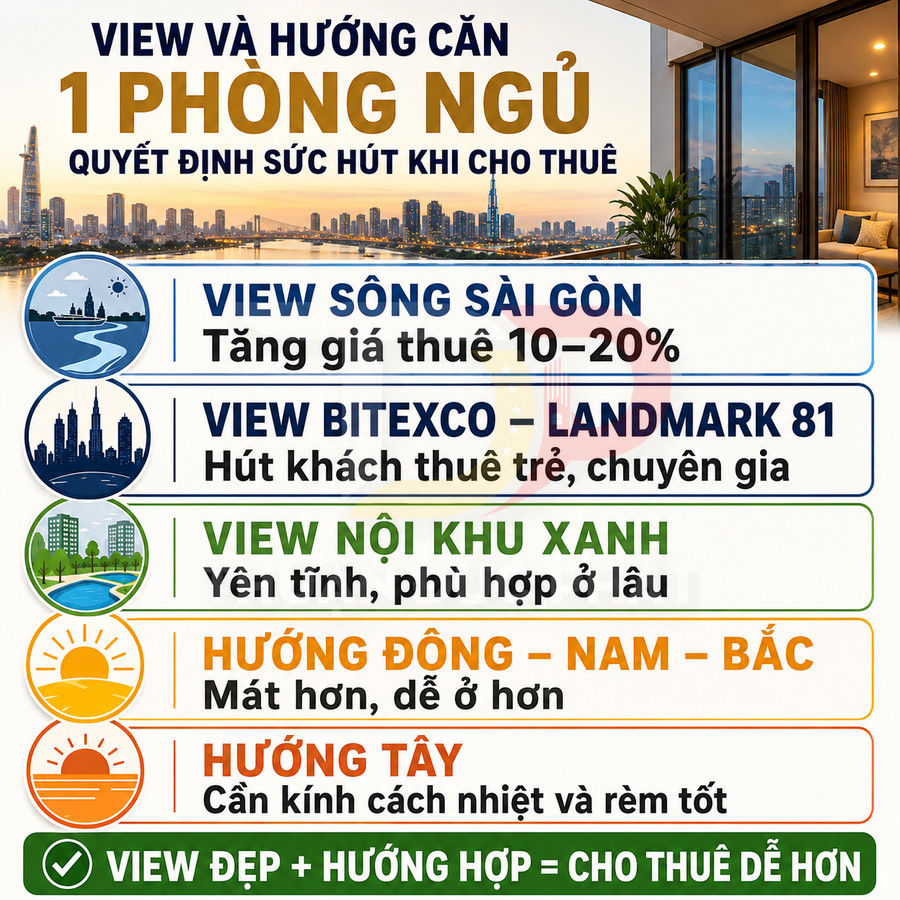 Infographic về view và hướng căn hộ 1 phòng ngủ ảnh hưởng giá thuê và sức hút khách thuê
