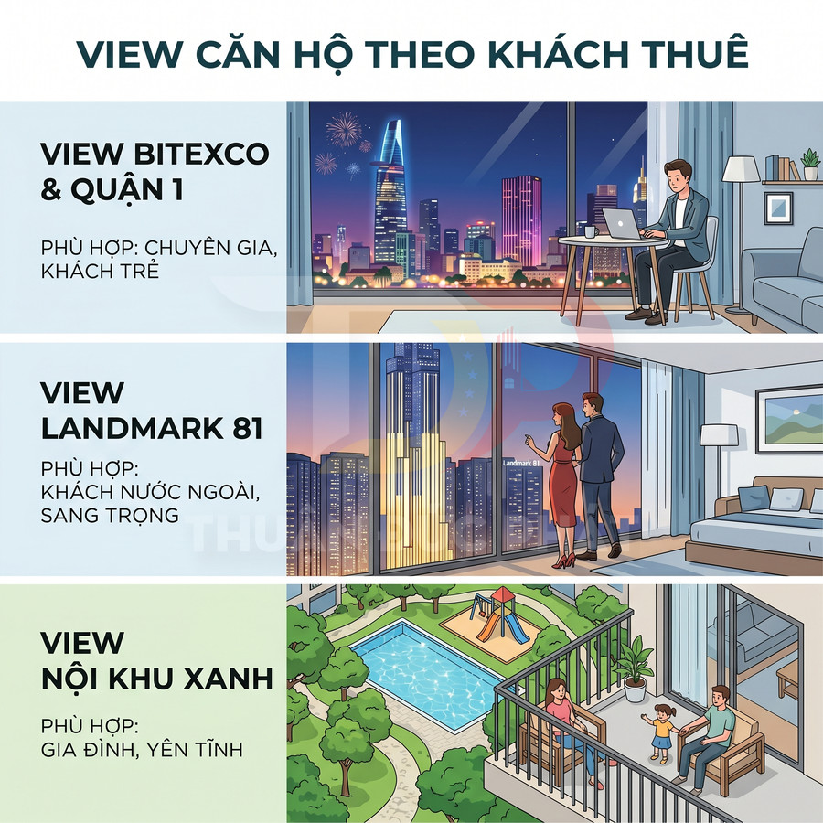 Minh họa các loại view căn hộ cho thuê gồm Bitexco, Landmark 81 và nội khu xanh cho gia đình