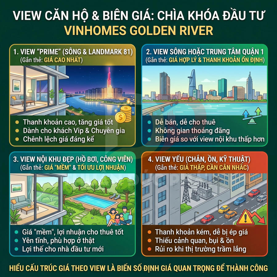 Infographic so sánh các loại view căn hộ và biên độ giá đầu tư tại Vinhomes Golden River