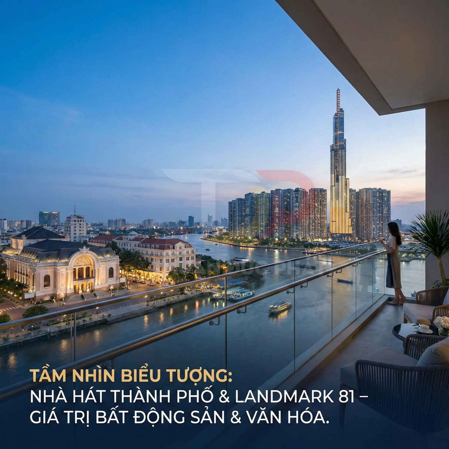 Căn hộ cao cấp view sông Sài Gòn nhìn ra Nhà hát Thành phố và tòa Landmark 81 lúc hoàng hôn