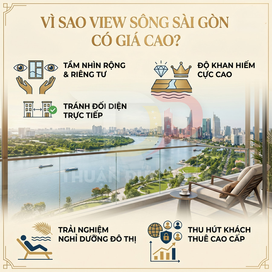 Ban công căn hộ cao cấp view sông Sài Gòn và trung tâm thành phố, không gian thư giãn sang trọng