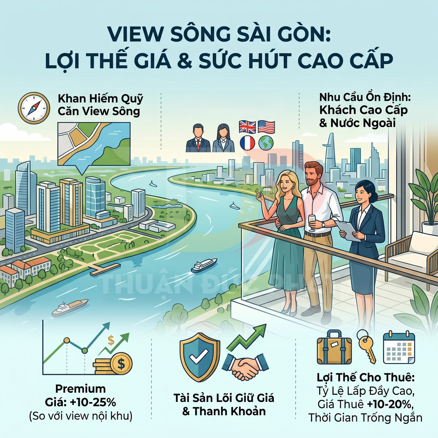 Căn hộ cao cấp view sông Sài Gòn với khách nước ngoài đứng ban công ngắm cảnh, nhấn mạnh lợi thế bất động sản ven sông