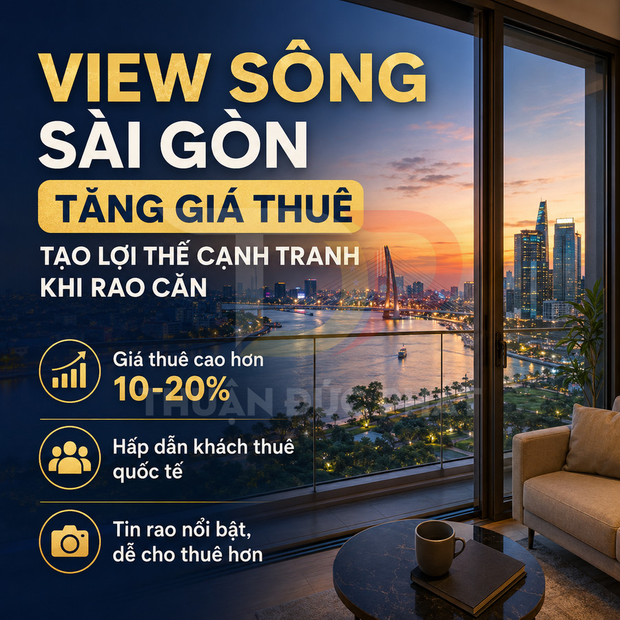 Căn hộ cao cấp view sông Sài Gòn về đêm với ban công kính, nội thất hiện đại và thông tin tăng giá thuê