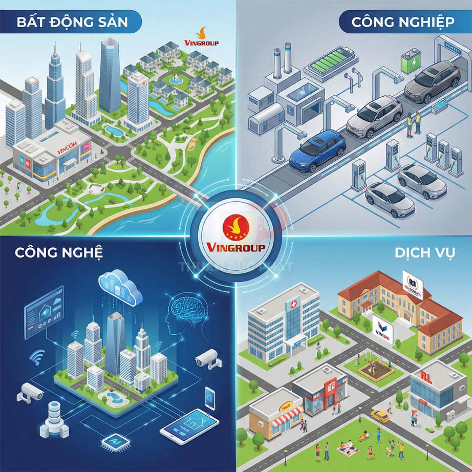 Mô hình minh họa hệ sinh thái Vingroup gồm bất động sản, công nghiệp ô tô, công nghệ và dịch vụ