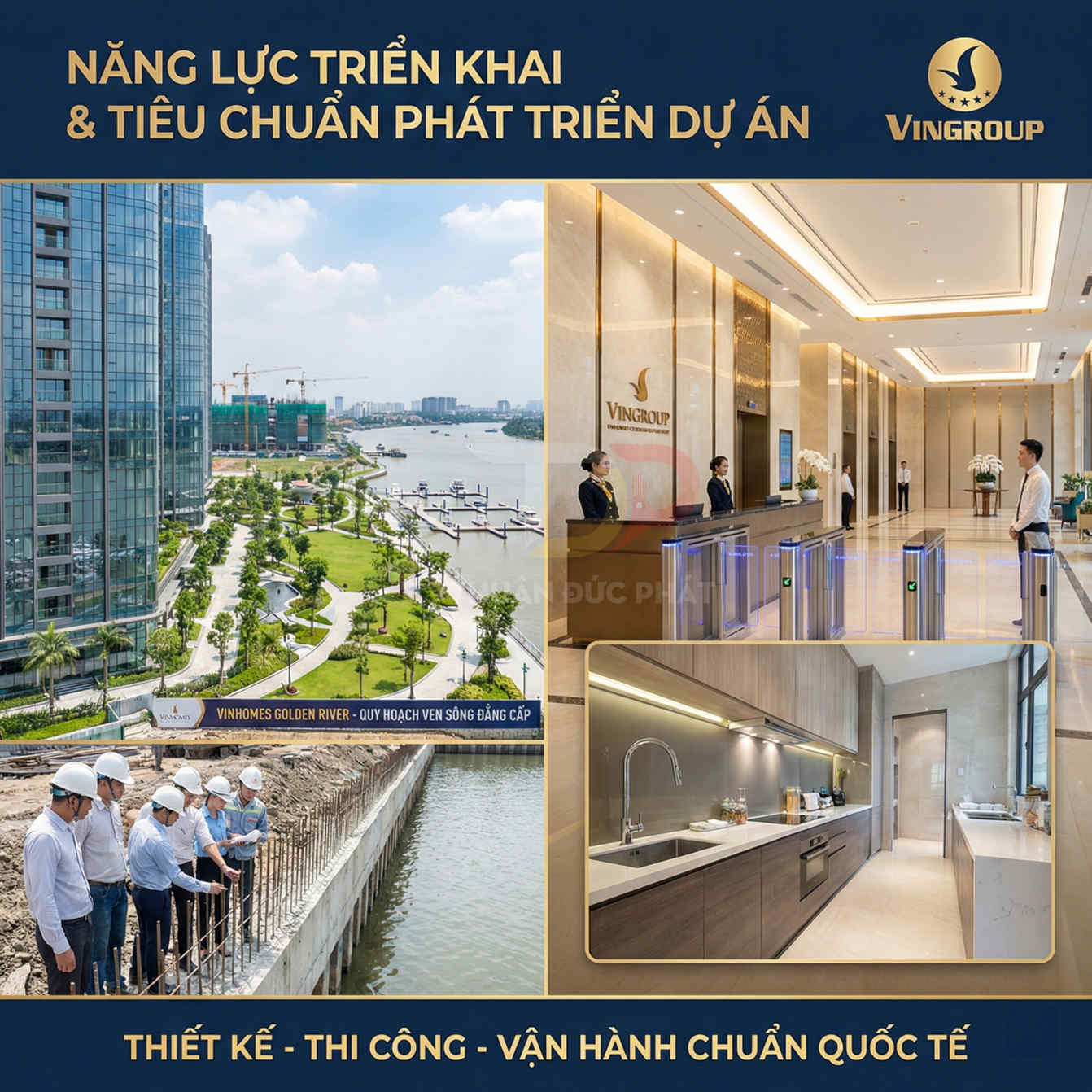 Dự án bất động sản cao cấp Vingroup với cảnh quan ven sông, sảnh lễ tân sang trọng và căn hộ hiện đại