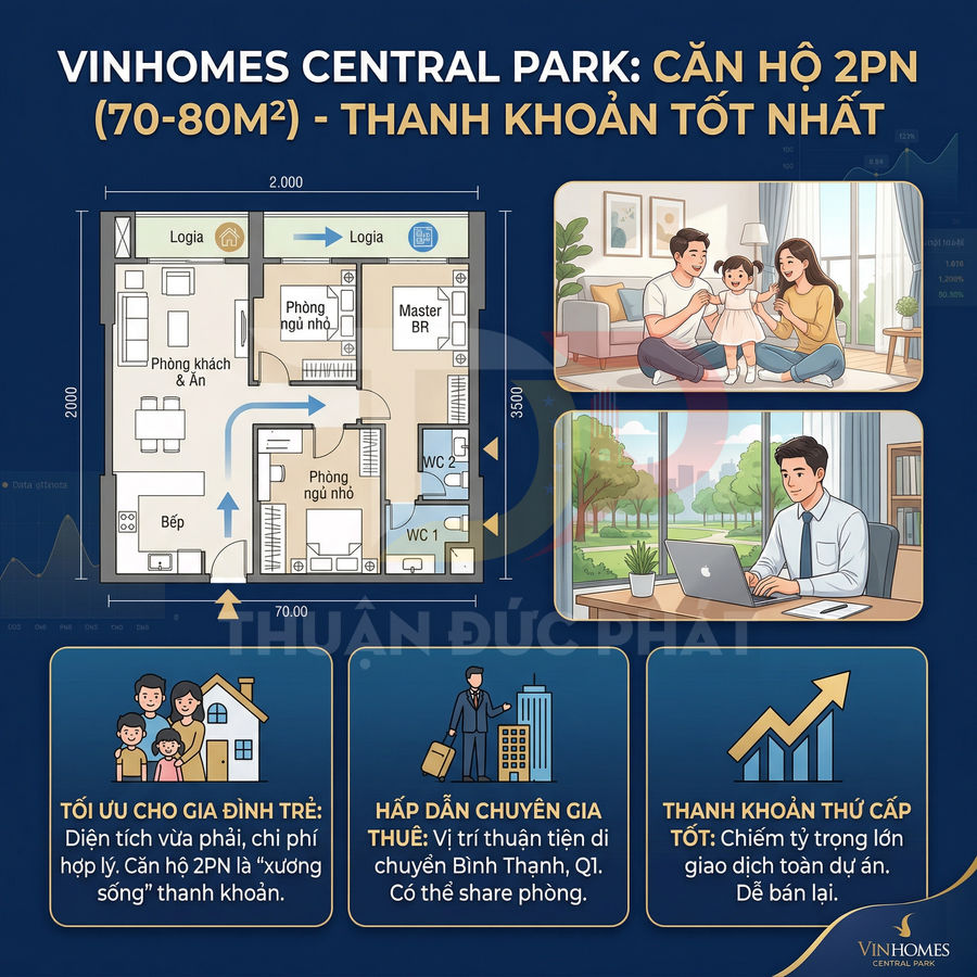 Mặt bằng căn hộ 2 phòng ngủ 70 80m2 Vinhomes Central Park kèm tiện ích cho gia đình trẻ và chuyên gia thuê