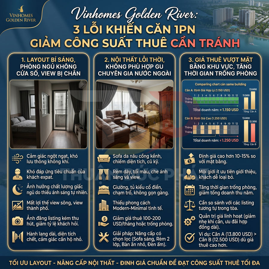 Infographic Vinhomes Golden River hướng dẫn tối ưu căn hộ 1 phòng ngủ để tăng công suất cho thuê