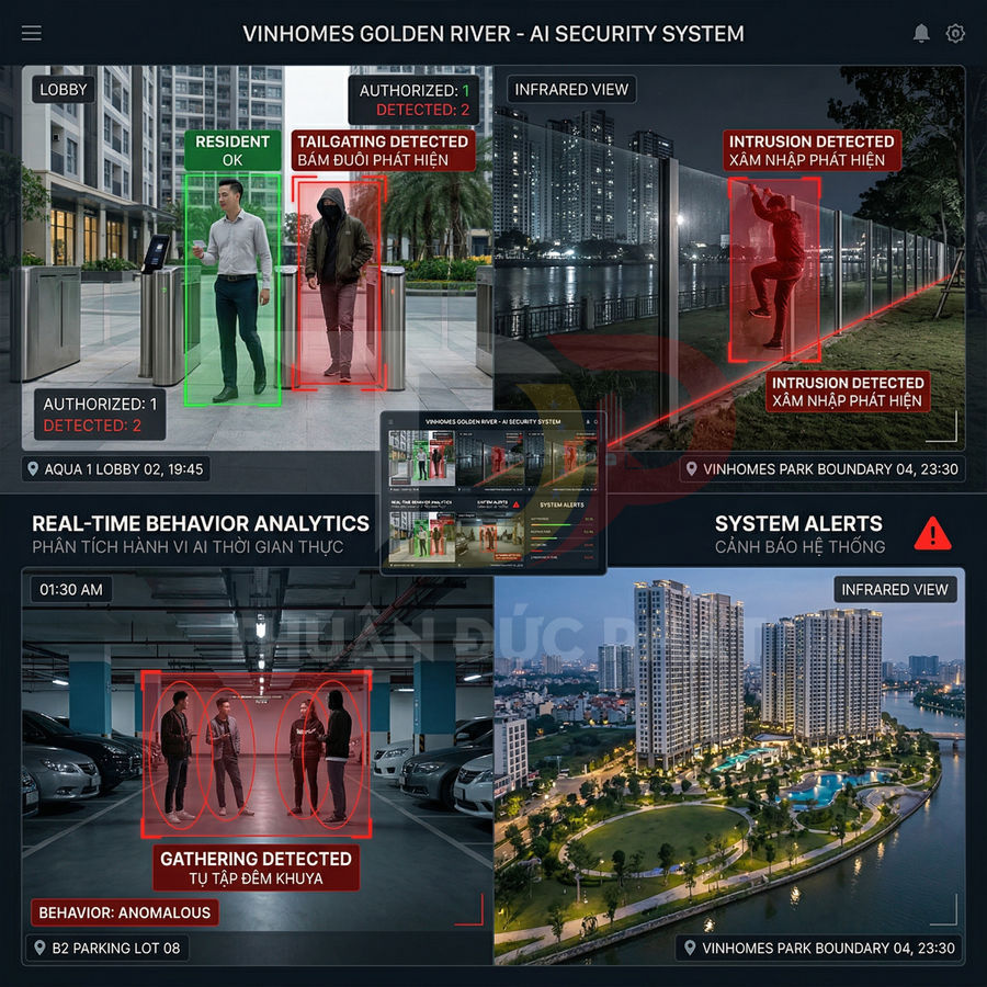 Giao diện hệ thống an ninh AI Vinhomes Golden River phát hiện xâm nhập và tụ tập bất thường trong khu đô thị