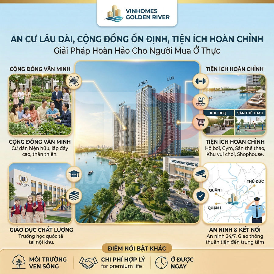 Phối cảnh dự án căn hộ Vinhomes Golden River ven sông với tiện ích hồ bơi, gym, khu vui chơi và trường học quốc tế