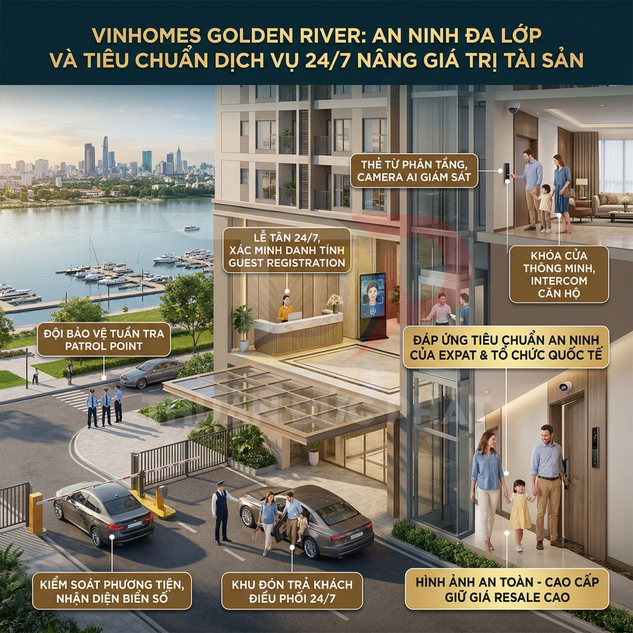 Khu căn hộ Vinhomes Golden River với hệ thống an ninh đa lớp, lễ tân 24/7 và kiểm soát ra vào hiện đại