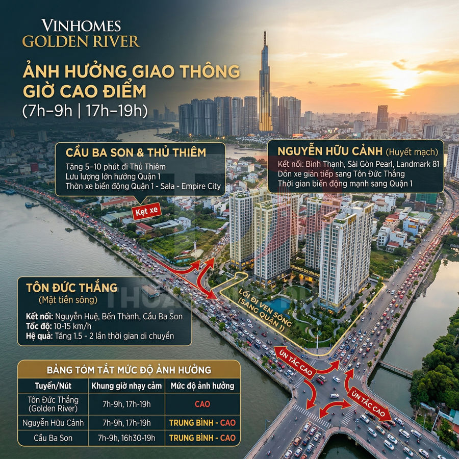 Vinhomes Golden River bên sông Sài Gòn với các tuyến đường xung quanh ùn tắc giờ cao điểm