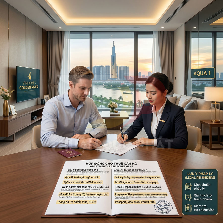 Khách nước ngoài ký hợp đồng thuê căn hộ Vinhomes Golden River song ngữ với nhân viên tư vấn trong phòng khách view sông