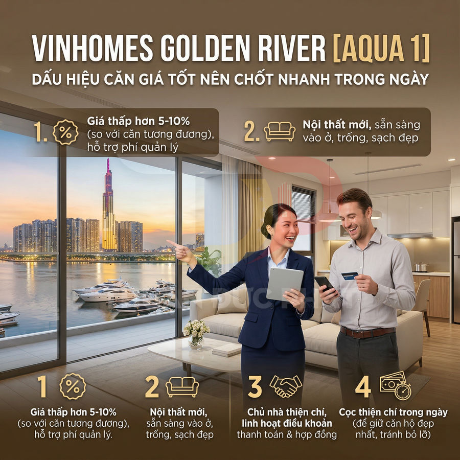 Căn hộ Vinhomes Golden River Aqua 1 nội thất mới, view sông và Landmark 81, tư vấn viên giới thiệu cho khách mua