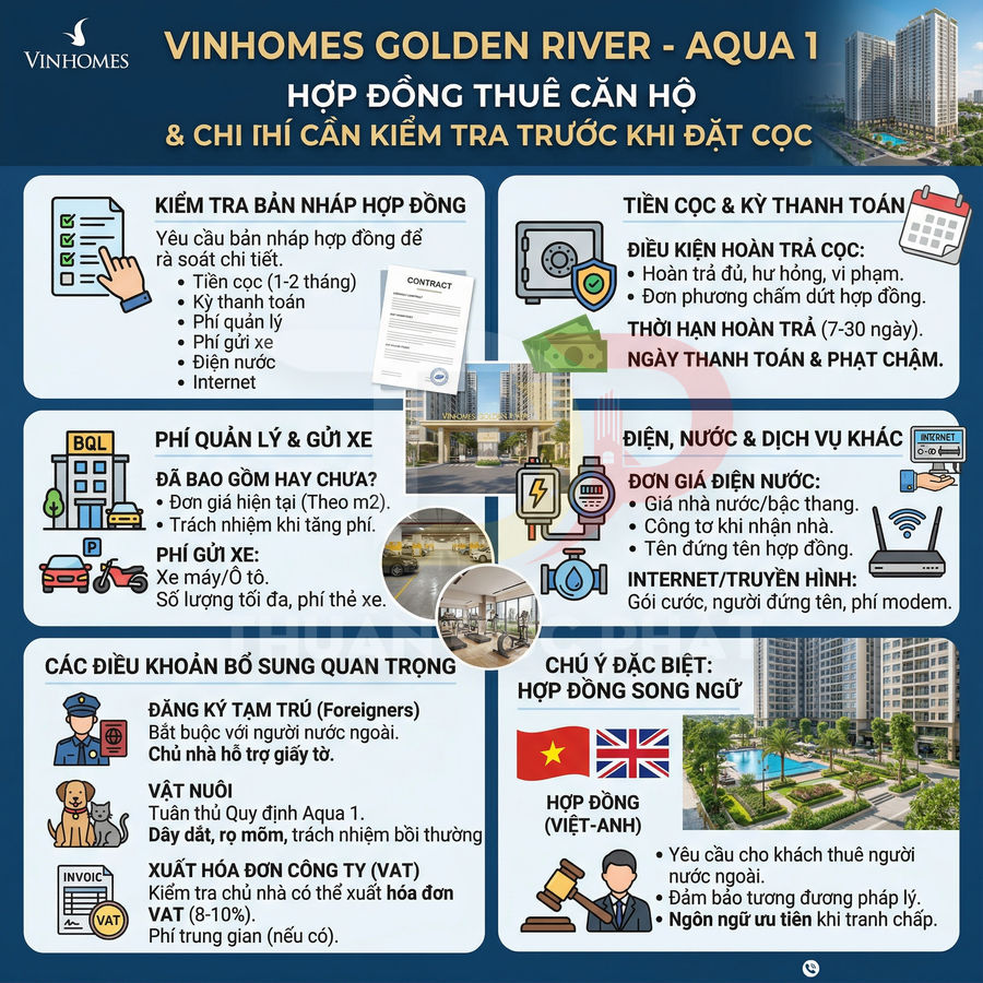 Infographic hướng dẫn kiểm tra hợp đồng thuê căn hộ Vinhomes Golden River Aqua 1 trước khi đặt cọc