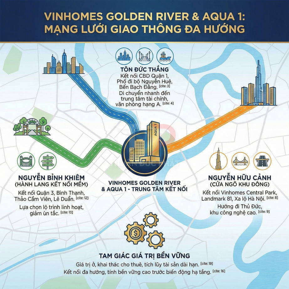 Infographic mạng lưới giao thông đa hướng dự án Vinhomes Golden River Aqua 1 tại trung tâm TP HCM
