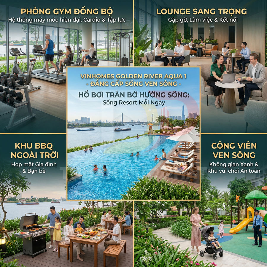 Tiện ích Vinhomes Golden River Aqua 1 với hồ bơi tràn bờ, phòng gym, lounge, khu BBQ và công viên ven sông