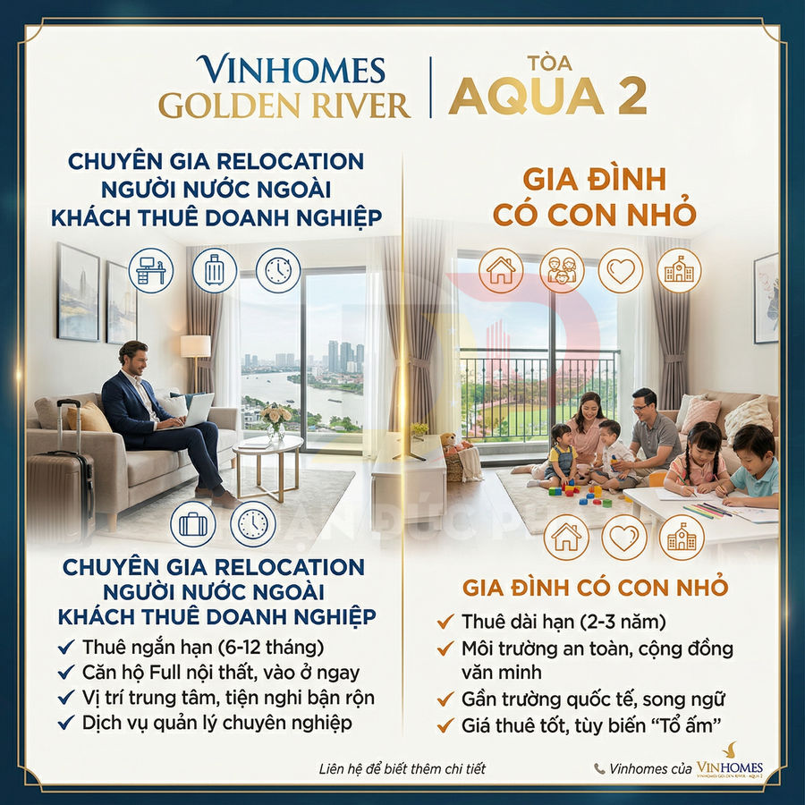 Căn hộ Vinhomes Golden River tòa Aqua 2 cho chuyên gia nước ngoài và gia đình có con nhỏ, nội thất hiện đại, view sông