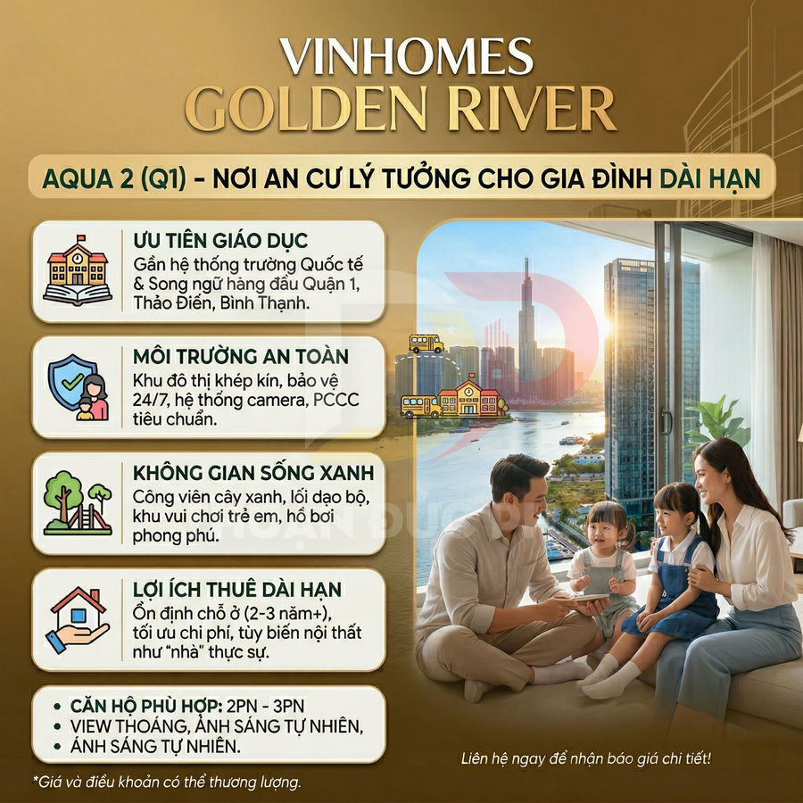 Poster quảng cáo căn hộ Vinhomes Golden River Aqua 2 quận 1, gia đình trẻ quây quần trong phòng khách view sông và thành phố