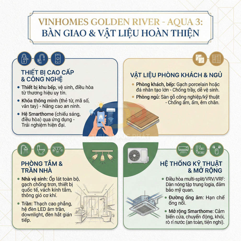 Infographic bàn giao và vật liệu hoàn thiện căn hộ Vinhomes Golden River Aqua 3 với thiết bị cao cấp, smarthome