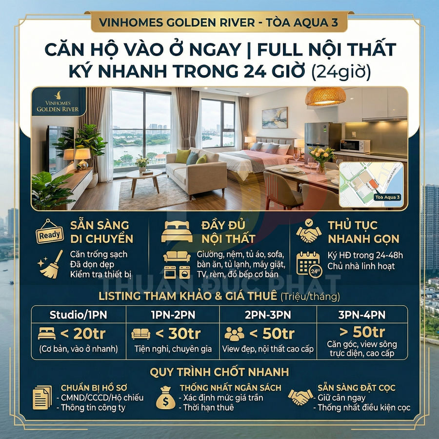 Poster cho thuê căn hộ Vinhomes Golden River tòa Aqua 3 full nội thất, vào ở ngay, giá thuê theo loại phòng