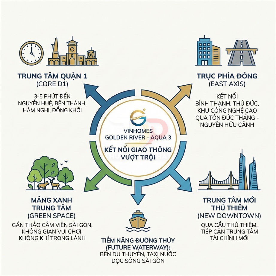 Sơ đồ vị trí dự án Vinhomes Golden River Aqua 3 với các kết nối giao thông và tiện ích xung quanh