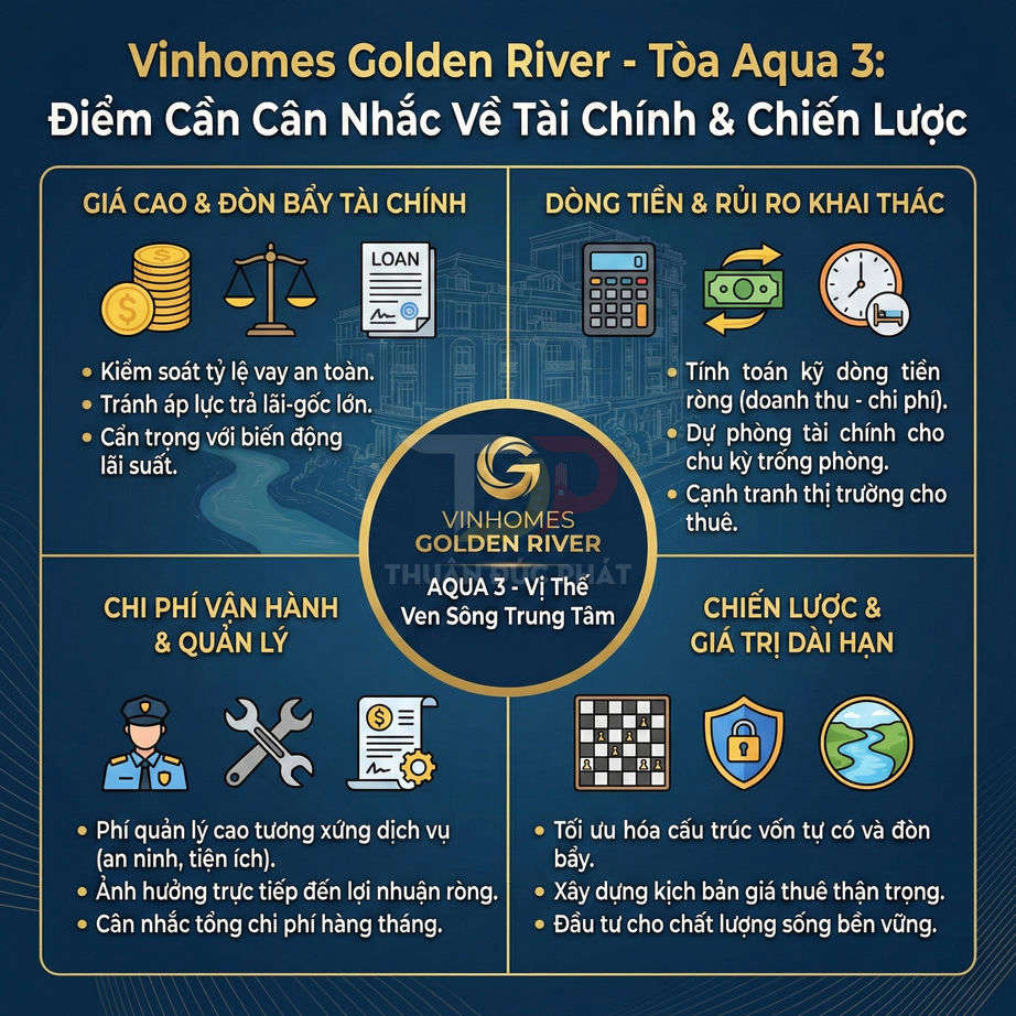 Infographic Vinhomes Golden River Aqua 3 nêu các yếu tố tài chính, chi phí vận hành và chiến lược đầu tư dài hạn