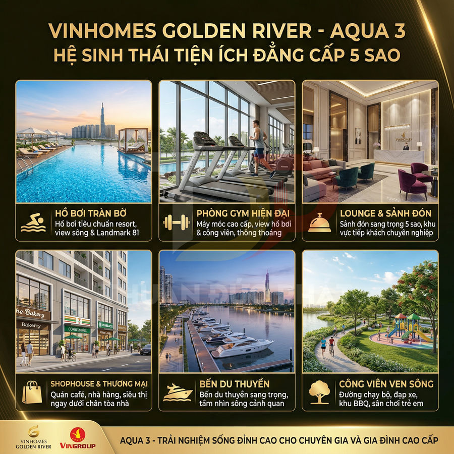 Tiện ích cao cấp Vinhomes Golden River Aqua 3 với hồ bơi, phòng gym, lounge, shophouse, bến du thuyền và công viên ven sông