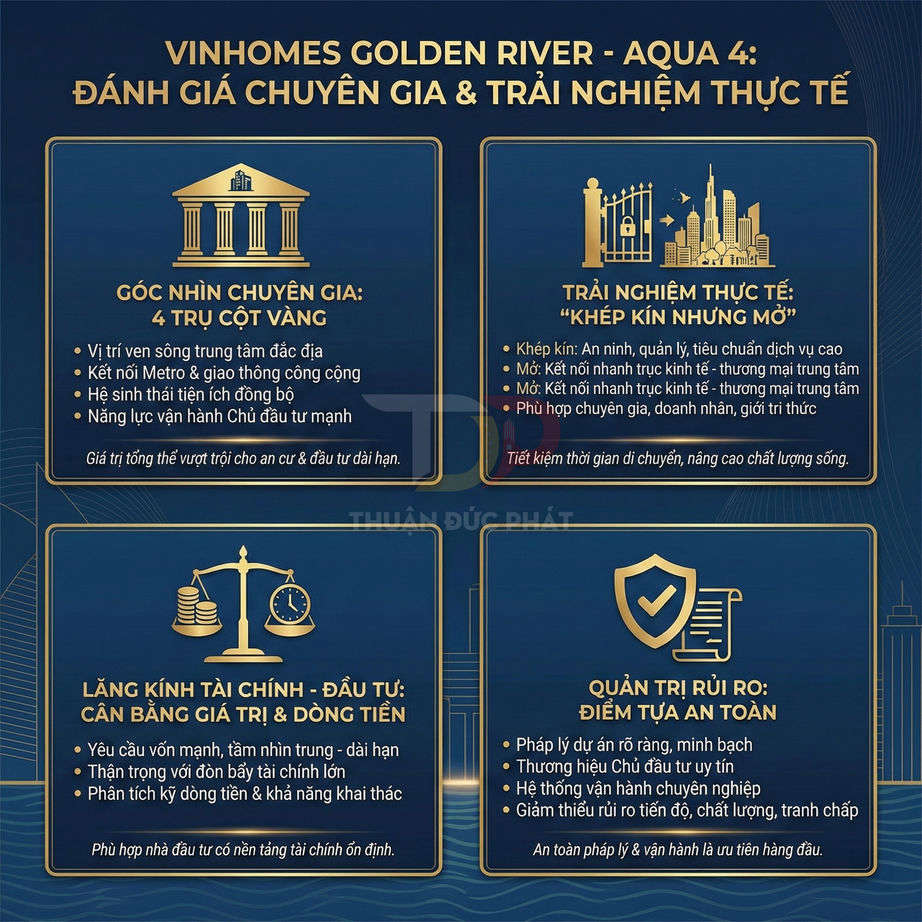 Infographic giới thiệu dự án căn hộ Vinhomes Golden River Aqua 4 với các ưu điểm đầu tư và trải nghiệm sống